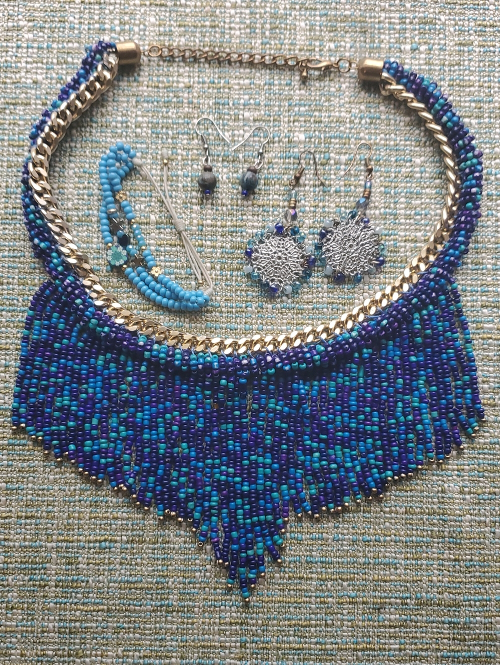 Golden Blue Seed Bead Jewelry Set